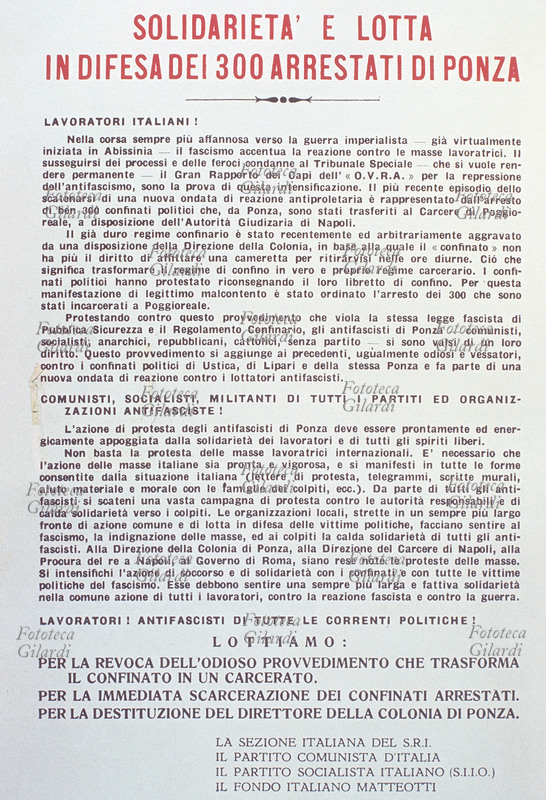 ANTIFASCISMO Volantino stampato in Francia e diffuso in Italia in difesa dei confinati di Ponza, tradotti in carcere a Napoli dopo le loro manifestazioni (antifasciste) per l\