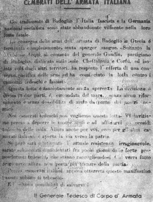 II G.M. ITALIA GRECIA 1943 Eccidio di Cefalonia, minaccioso manifesto lanciato dai tedeschi sulle truppe italiane dopo l\