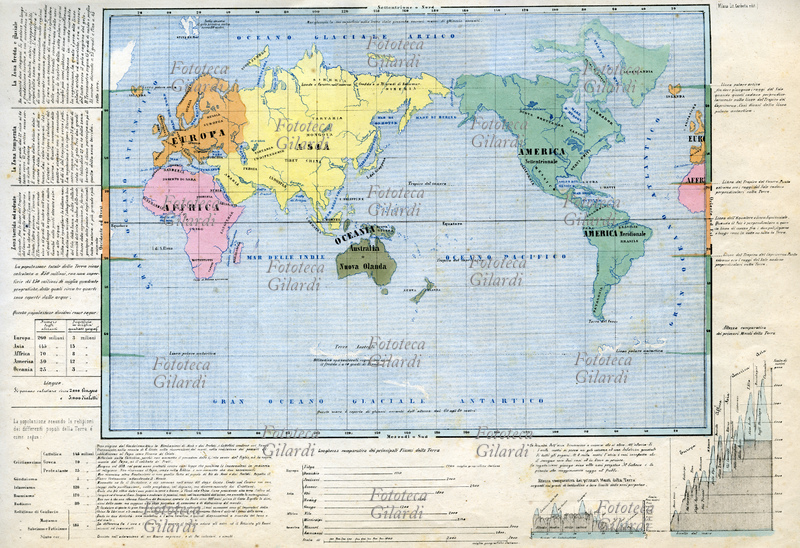 PLANISFERO ossia prospetto generale del globo. Le terre emerse non evidenziano i rilievi, ma solo le principali indicazioni idrografiche, sono cromaticamente distinte nei cinque continenti, e benché non compaia alcuna linea di confine sono riportati i nomi delle zone politico/geografiche. La carta è circondata da varie informazioni di carattere climatico, statistico e orografico. Tavola IV, da "La Geografia a colpo d\