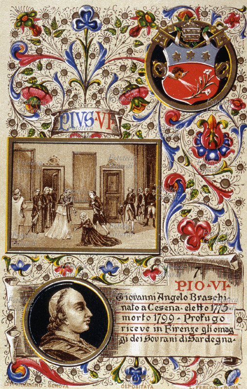 PAPA PIO VI (25 dicembre 1717 - 29 agosto 1799), al secolo Giovanni Angelo Braschi, nato a Cesena eletto il 15 febbraio 1775. Deposto dal potere temporale il 15 febbraio 1798 per mano dell\