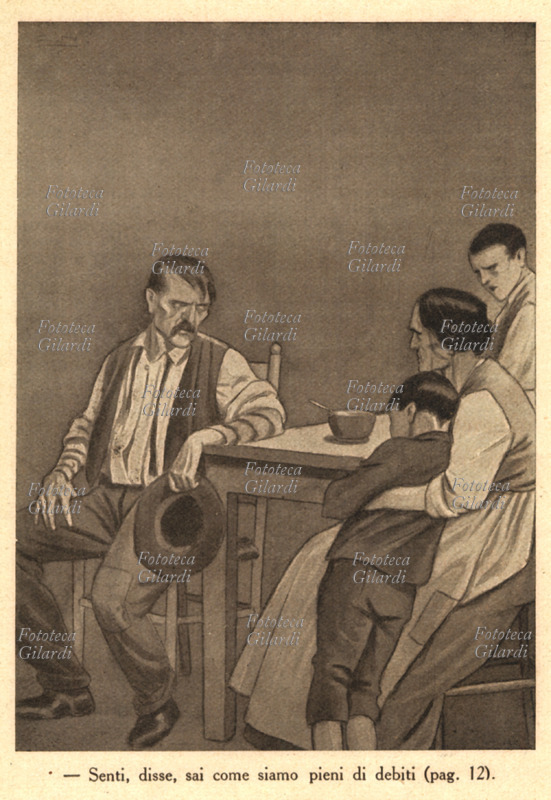 MESTIERI illustrazione di Carlo Nicco (1883-1937) per il romanzo "Il racconto del piccolo vetraio" di Olimpia De Gaspari: "Senti, disse, sai come siamo pieni di debiti..."; parla il padre in preda allo sconforto. Si tratta di una straziante storia di miseria: nella speranza di offrire ai figli un futuro migliore, un pescatore in disgrazia affida i suoi due bambini ad un trafficante francese senza scrupoli, che gli promette di impiegarli nella sua vetreria. I due ragazzini vengono però sfruttati senza pietà, tanto che presto uno si ammala e muore. L\