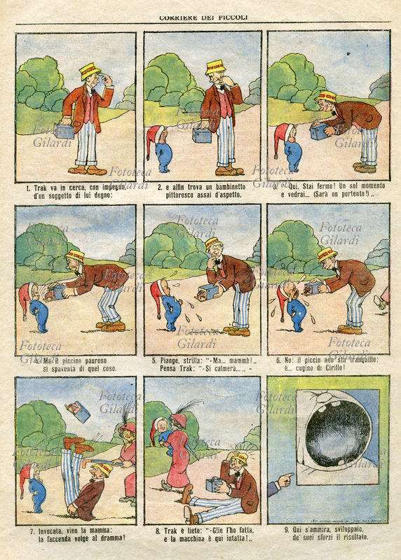 FOTOGRAFIA Storia per vignette di Trak (nome originale Snapshot Bill), precursore della figura del paparazzo, quando la fotografia era ancora una nuova pratica; la sua ricerca del soggetto perfetto da immortalare creava situazioni comiche da illustrare, con il commento in rima. Disegnato da Russ Westover (1886-1966) per \