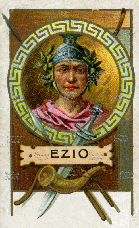 FLAVIO EZIO (390 circa - 21 settembre 454) generale romano, più volte console e ministro sotto Valentiniano III. Flavio Aezio, come è chiamato dalla storiografia contemporanea, è famoso per la sua vittoria su Attila presso i Campi Catalaunici, dove i Romani inflissero una pesante sconfitta all\