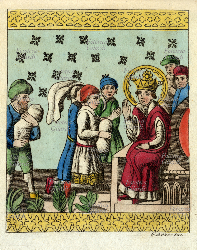 ERIK IX di Svezia, detto il Santo (1120-1160): la sua clemenza verso i sudditi ai quali condona i tributi. Rappresentazione tratta da un\