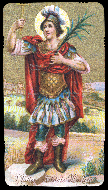 SAN VITTORE soldato. Secondo una leggenda del sec. V fu incarcerato perché cristiano, fuggì ma fu raggiunto e decapitato a Milano. Festa 8 maggio, cromolitografia XIX secolo