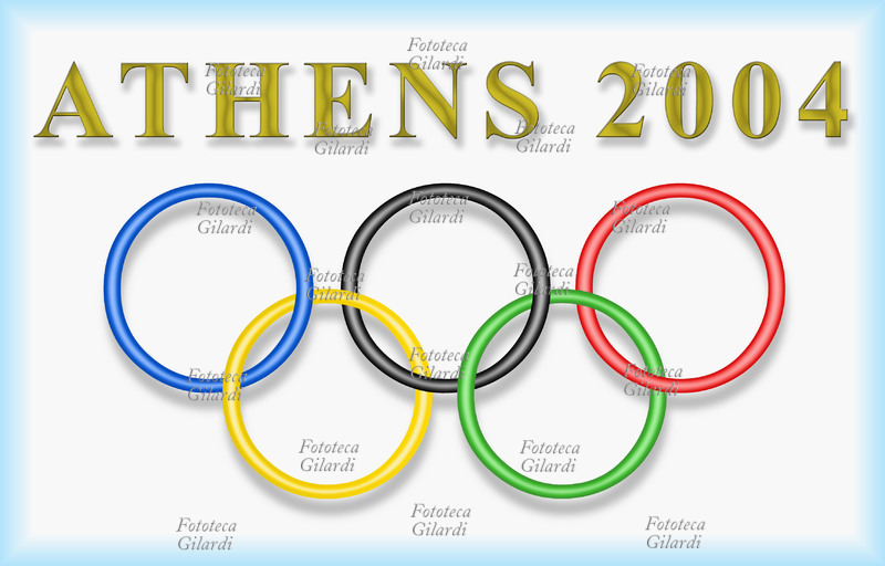 OLIMPIADI ATHENS 2004 gli anelli simbolo della competizione mondiale disegnati sulla bandiera olimpica in campo bianco. I 5 anelli intecciati furono per la prima volta il simbolo delle Olimpiadi ad Anversa nel 1920 e simboleggiano i 5 continenti: blu Europa, giallo Asia, nero Africa, verde Oceania, rosso America. Atene 2004