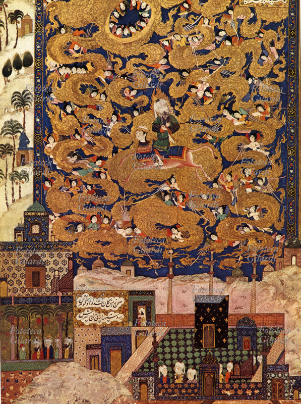 Muhammad rises to the Paradise, to horse of its winged destriero Al-Burak. Under of he they are represented: the sacred cliff of Jerusalem (to sin.) and the Kaaba of the Mecca (to right). According to the muslim custom the figure of the prophet is veiled. Press from Persian miniature XVI sec.