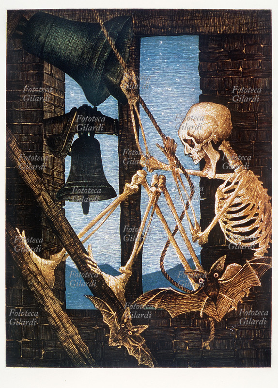 Edgar Allan POE (1809-1849) Illustrazione che chiude il volume, e segna la fine dei racconti: uno scheletro suona le campane attorniato da pipistrelli. Tavola da \