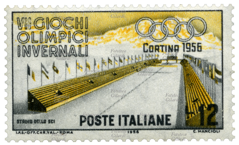 OLIMPIADI INVERNALI Stadio dello Sci, Monte Cristallo e Sorapis Antelao. Francobollo dalla serie dedicata dalle Poste Italiane ai VII Giochi olimpici invernali disputati a Cortina D\