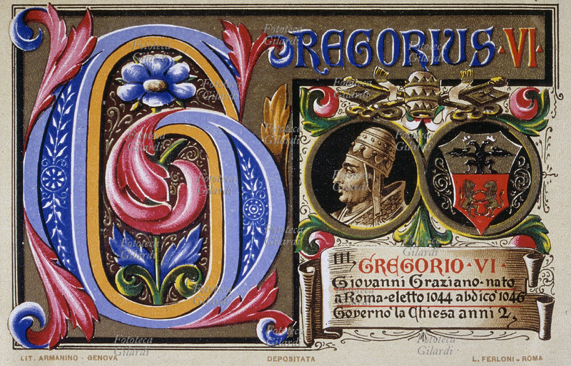 PAPA GREGORIO VI Giovanni Graziano, nato a Roma, eletto nel 1044, abdicò nel 1046. Governò la Chiesa per due anni. Da serie cromolitografica dedicata a Papa Pio X e da Lui benedetta. Roma, 1903.