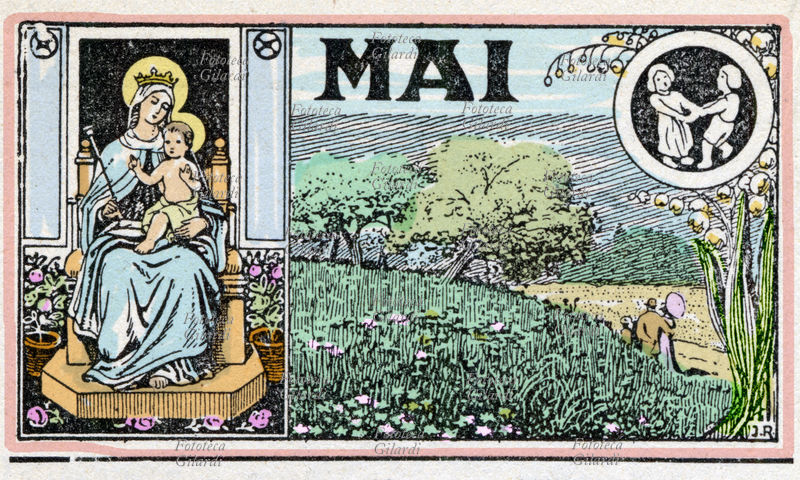 MAGGIO mese mariano: Madonna, campi in fiore, segno zodiacale dei gemelli; intestazione del foglio di un almanacco tedesco. Xilografia, Germania 1919