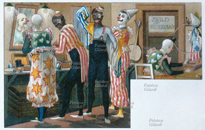 CIRCO il camerino dei clowns con gli specchi, i trucchi, l\