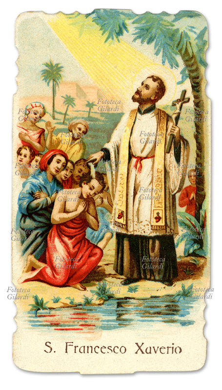 SAN FRANCESCO SAVERIO (1506-1552) battezza gli infedeli, illuminato da un raggio divino. Religioso, presbitero e missionario spagnolo della Compagnia di Gesù: proclamato santo nel 1622 da papa Gregorio XV, il suo culto è ammesso anche dalla Chiesa anglicana. Cromolitografia, immagine devozionale, Italia 1900 circa