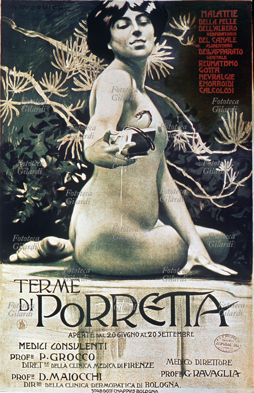 Manifest TERME for the Terme di Porretta. In the illustration a sat feminine knot, porge a full cup of the thermal water. Italy, first years of the 20th century.