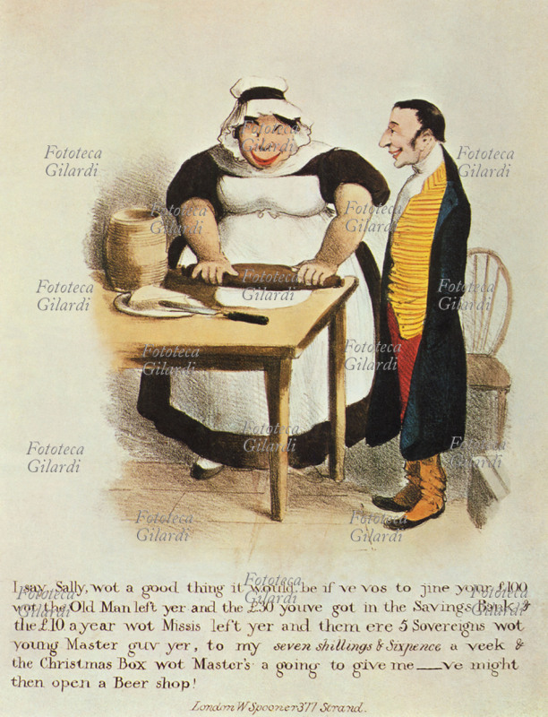 Charles DICKENS (7 febbraio 1812 – 9 giugno 1870) Il servo furfante cerca di indurre la cuoca a dargli il suo denaro per aprire una birreria. Illustrazione tratta da una delle prime edizioni del primo romanzo di Dickens, l\