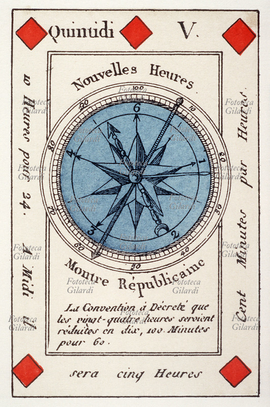 CARTE DA GIOCO Quintidi, 5 di quadri, le Nuove Ore. I nuovi valori della Rivoluzione Francese e la volontà di estromettere anche il solo concetto di aristocrazia dalla vita quotidiana, portano a \