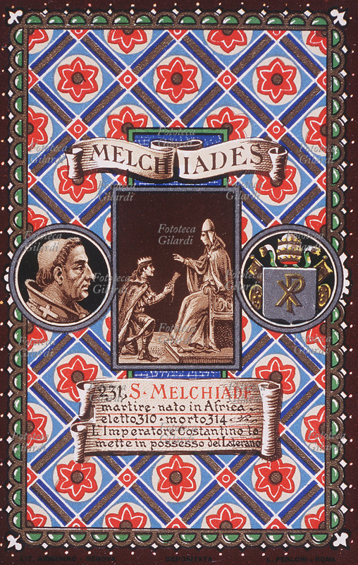 PAPA SAN Melchiade (or Miltiades, ? - 10 January 314), born in Africa, elected in 310. During his pontificate the Emperor Constantine issued the Edict of Milan, which put an end to the persecution of Christians allowing him to live openly in religion and recapture the previously confiscated church property. Moreover, the Emperor made a gift to the Pope of the Lateran Palace, that turned it into the papal residence. Postcard chromolithographic n. 231 from the \