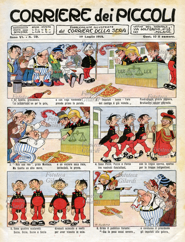 GIORNALI storia per vignette a puntate: " Il Collegio La Delizia"; soggetto di Renato Simoni (1875-1952), disegni di Antonio Rubino (1880-1964). Il racconto in rima esordisce il 9 novembre 1913 con i versi "Nel paese di Cuccagna c\