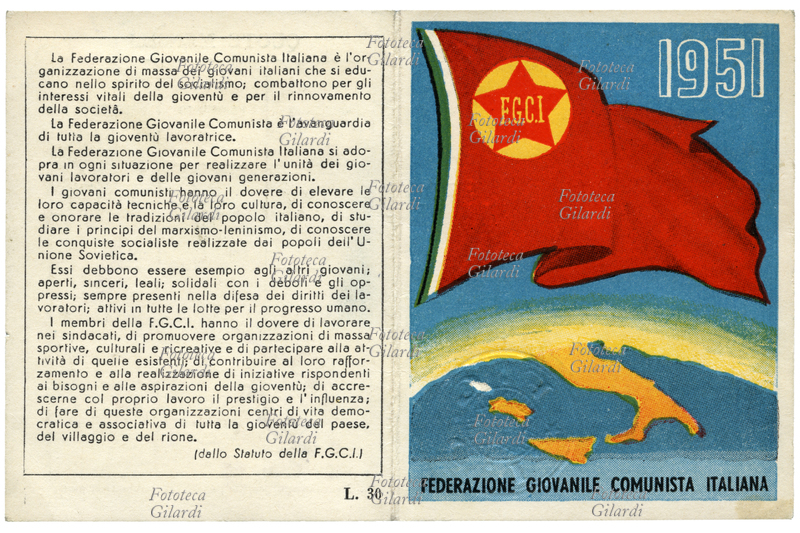 FGCI the red flag with the star of the youth organization waving over all of Italy; card that shows in the back cover an extract of the Statute: \