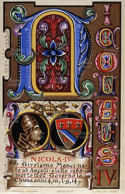 PAPA NICOLA IV (30 settembre 1227 – 4 aprile 1292), al secolo Girolamo Masci, nato ad Ascoli, eletto nel 1288. Governò la Chiesa per 4 anni, 1 mese e 14 giorni. Cartolina cromolitografica n. 68 dalla \