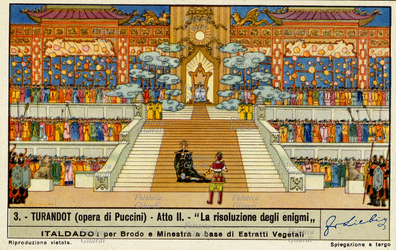 TURANDOT - Atto II, "La risoluzione degli enigmi" - Il Principe ignoto, sebbene con progressiva difficoltà, risolve i tre enigmi, spronato dal sarcastico incitamento di Turandot e dall\