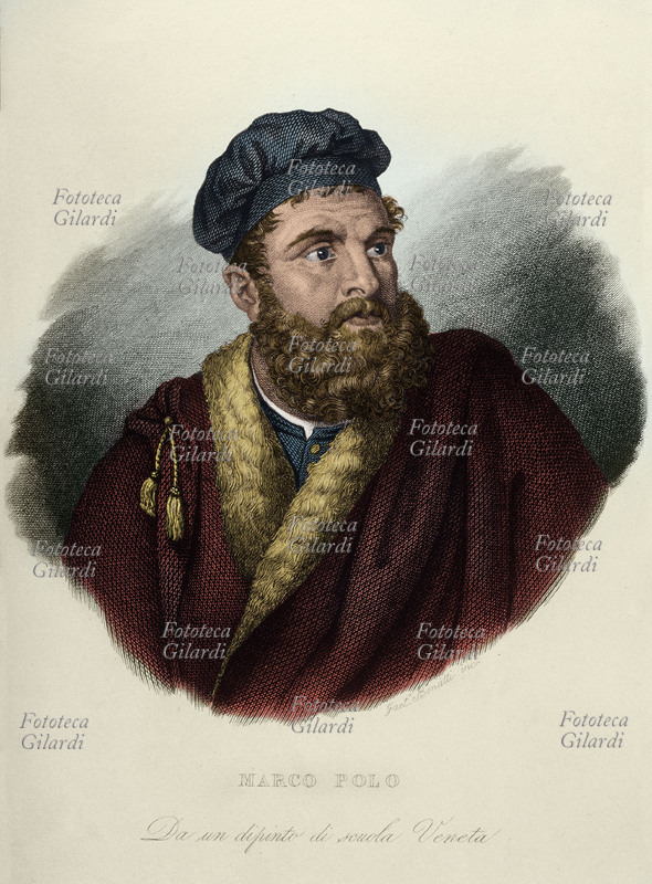 Marco Polo (September 15, 1254 - January 8, 1324) The Venetian traveler who, with his father Niccolò and uncle Matteo, traveled to Asia and was granted power and entrusted with missions of trust by the Great Khan of Katai (China). His travels are collected in "Il Milione." Portrayed in a colored engraving after a Venetian school painting, Italy, 1857.