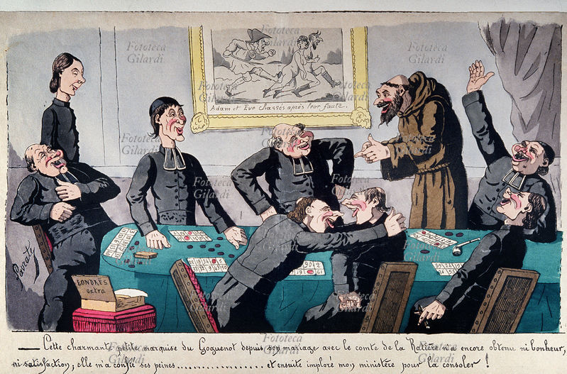 CARICATURA Vignetta satirica di Lavrate. Otto preti alquanto rubizzi, interrompono il gioco d\