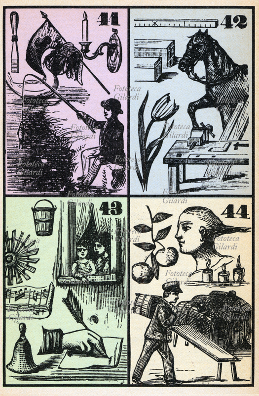 SMORFIA tavola con oggetti o situazioni sognate, abbinati ai numeri da giocare al lotto secondo la tradizione. Qui raffigurati i numeri 41 42 43 44. Incisione dell\