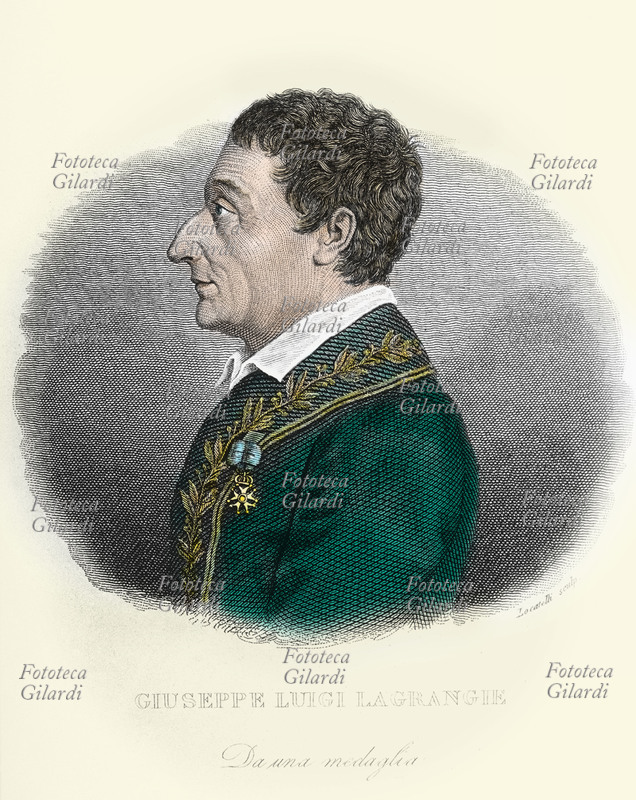 Giuseppe Luigi LAGRANGE (1736-1813) matematico e astronomo di Torino, attivo per molti anni a Berlino e a Parigi, grande studioso della meccanica di cui diede una definitiva formulazione analitica. Ritratto in una incisione colorata, Italia 1857.