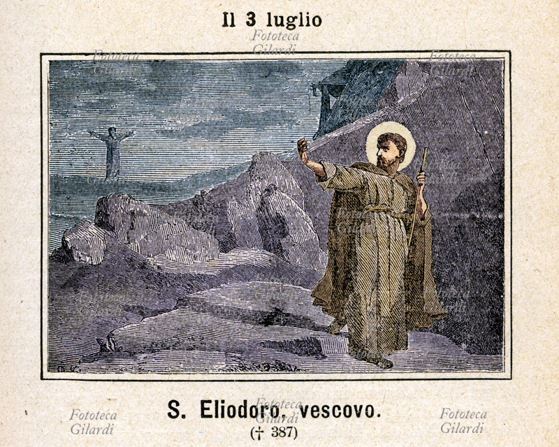 San ELIODORO di Altino (IV secolo - 407 circa) asceta, discepolo del Vescovo di Aquileia Valeriano, membro assieme a San Cromazio del chorus beatorum, amico di San Girolamo, che accompagnò ad Aquileia e nel primo viaggio in oriente. Richiamato in patria per prendersi cura della sorella rimasta vedova con un figlio piccolo, divenne Vescovo di Altino, e partecipò dunque al concilio antiariano tenuto ad Aquileia nel 381. Con San Girolamo mantenne sempre rapporti epistolari fraterni, e nonostante la distanza lo aiutò materialmente (finanziando i copisti) nell\