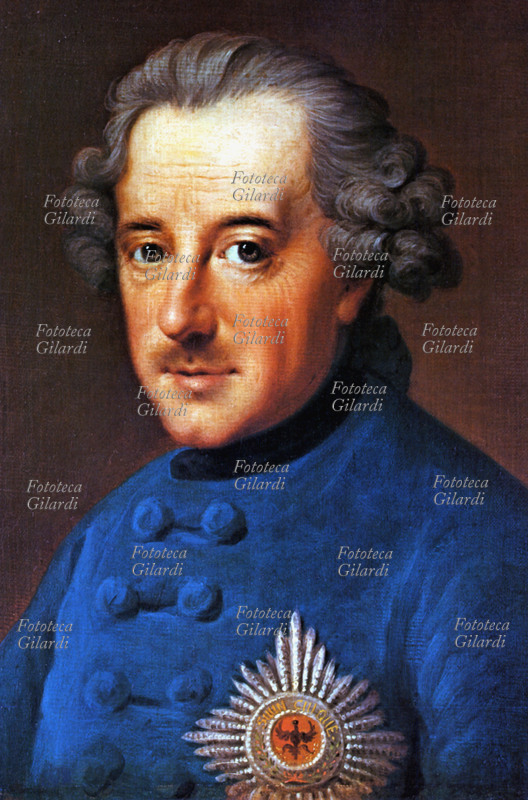 FEDERICO II di Hohenzollern (24 gennaio 1712 – 17 agosto 1786) detto il Grande, terzo re di Prussia e principe elettore di Brandeburgo dal 1740 al 1786. Dipinto di Johann Georg Ziesenis (1716 - 1776), Germania XVIII secolo.