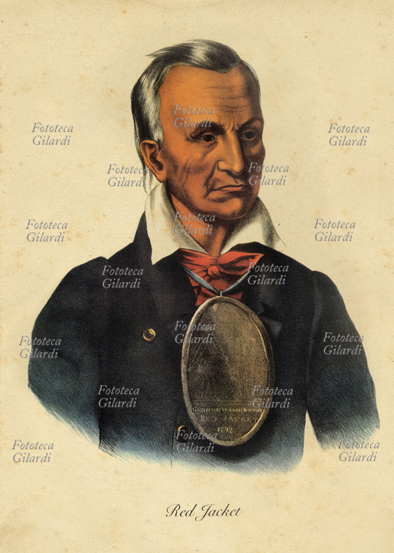 INDIANI Red Jacket (Oc-Ti-Tiani o Sa-Go-Ye-Wat-Ha) gran capo Seneca della Lega degli Irochesi (Canoga Point 1752 - Buffalo 1830). Grande oratore, ebbe un ruolo di rilievo nelle trattative di Fort Stanwix (1784). Porta al collo una medaglia offertagli da George Washington nel 1792, in occasione dell\