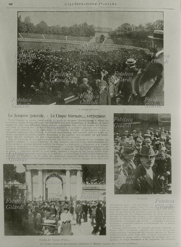 SCIOPERI 1904 Manifestazione popolare durante lo sciopero generale politico che durò dal 16 al 21 settembre, per protestare contro gli eccidi compiuti dalla polizia in Sardegna (Buggerru) e in Sicilia. La prima foto è una veduta del comizio all\