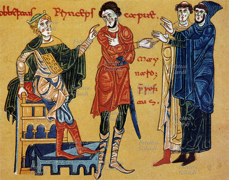 ROBERTO II di Sorrento (?-1156) principe di Capua e di Aversa. Cromolitografia della prima metà del XIX secolo raffigurante una miniatura del Regesto di Sant\