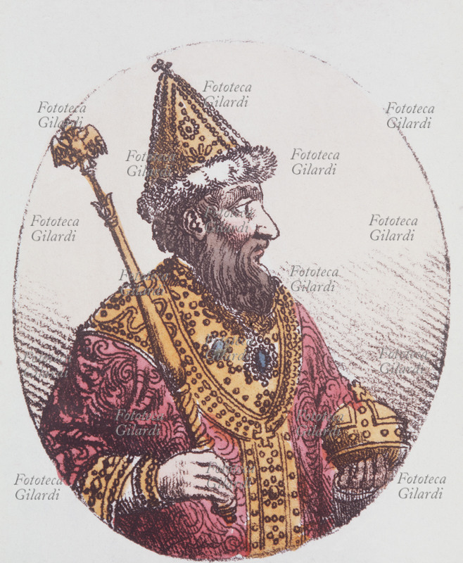 SIMEONE I il Grande (864/865 – 27 maggio 927) Khan poi zar dei Bulgari dal 893 al 927. Figlio cadetto del Kahn dei Bulgari Boris I. Ritratto in ovale di profilo. Litografia acquarellata, XIX secolo.