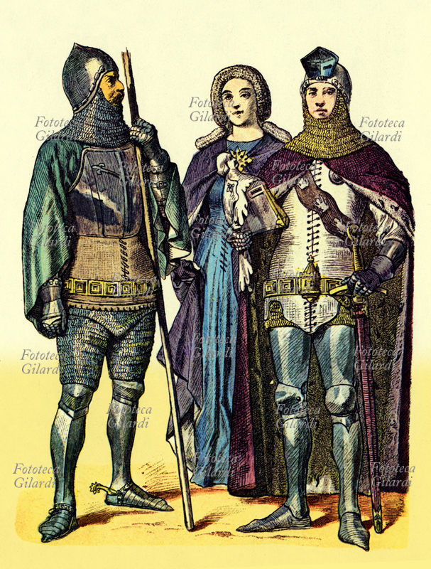 GUERRIERI tedeschi, XIV secolo. Da sin. Konrad von Bikenbach, Gudela von Holzhausen, Weikhard Frosch. Stampa dalla raccolta di tavole illustrate \