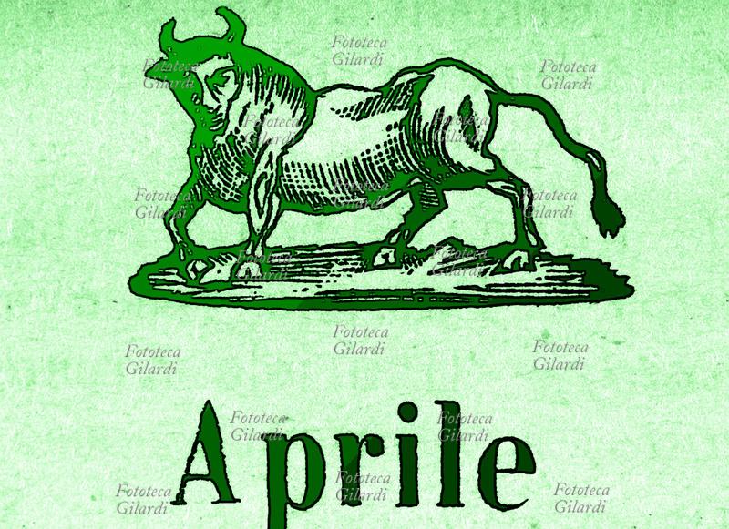 ZODIACO Toro, Aprile. Elaborazione di xilografia da almanacco del 1913 \