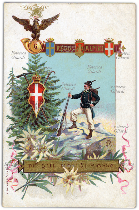 UNIFORMI Cartolina commemorativa del 6° Reggimento Alpini. In calce vi è riportato il motto del regg.: - Di qui non si passa -. Milano, 1904