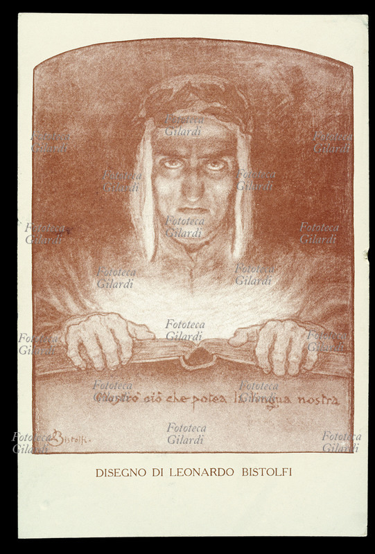 DANTE ALIGHIERI (1285-1321) Mostrò ciò che potea la lingua nostra. Suggestivo ritratto del sommo poeta, illuminato dal libro che sta leggendo. Disegno di Leonardo Bistolfi. Cartolina litografica editata da Società Nazionale Dante Alighieri, comitato di Oneglia, 1918