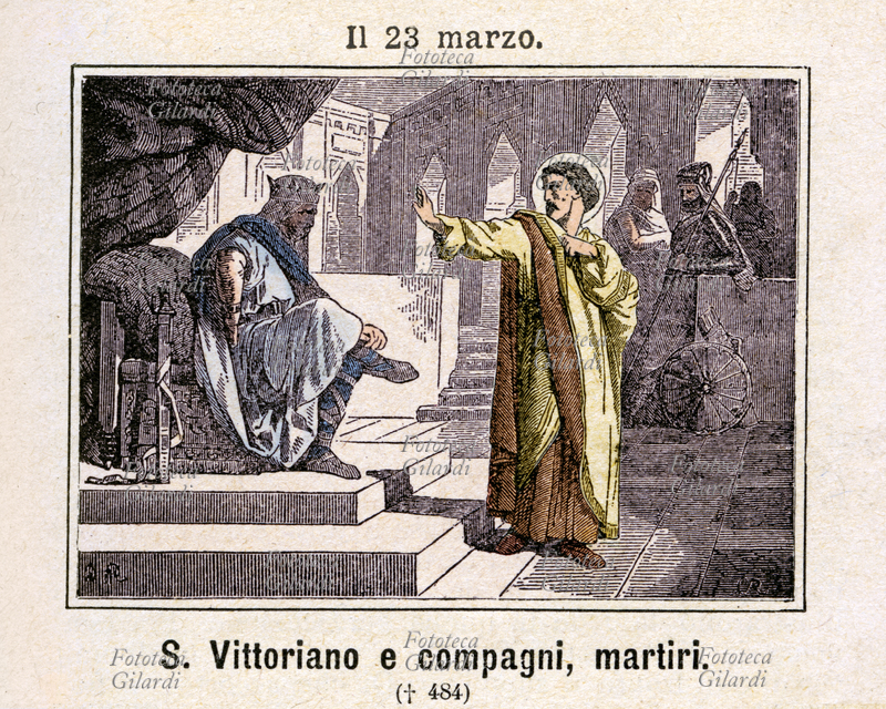 San VITTORIANO di Hadrumetum, proconsole di Cartagine, martire con san Frumenzio e altri compagni sotto il re ariano dei Vandali e degli Alani Unerico, nel 484, durante le devastanti invasioni barbariche in nord Africa del V secolo. Commemorazione il 23 marzo. Incisione colorata, Italia 1886