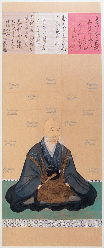 GIAPPONE Ritratto del poeta Jio Sogi (1421-1502) dipinto a colori su seta del XV secolo.