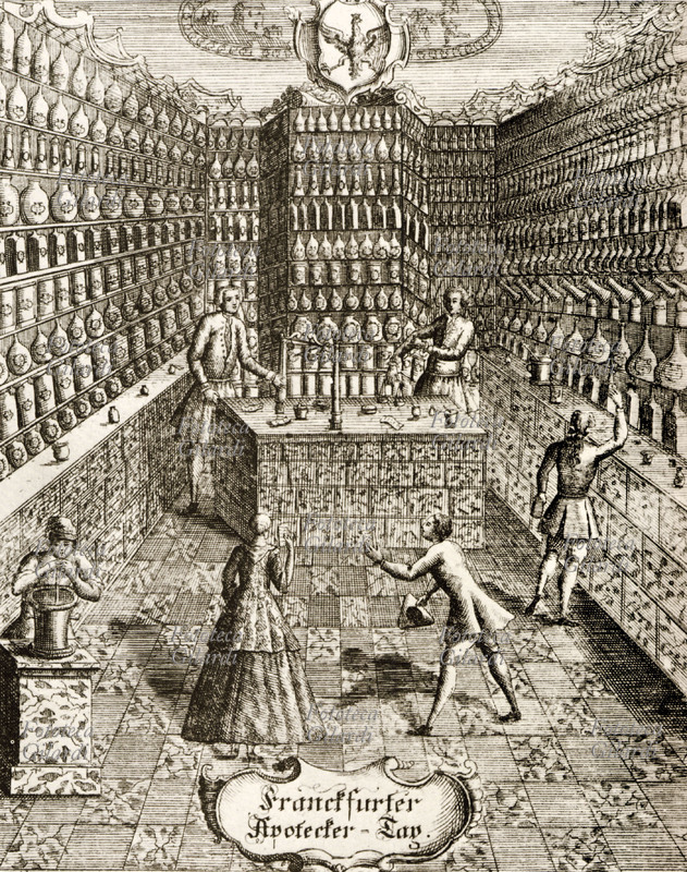 FARMACIA Veduta della bottega dello speziale, incisione tedesca del XVII secolo