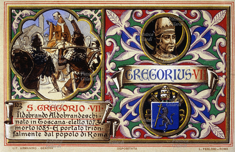 Pope Gregory VII (1010/1020 - 25 May 1085) aka Aldobrandeschi Hildebrand of Soana, born in Tuscany, elected in 1073. The pontiff, lead author of the great reform of the Church called \