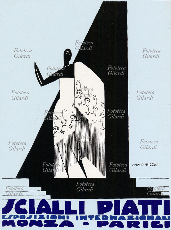 MODA ABBIGLIAMENTO Pubblicità di Arnaldi Nizzoli per gli scialli da sera della ditta Piatti, Esposizioni internazionali - Monza, Parigi. Italia 1926