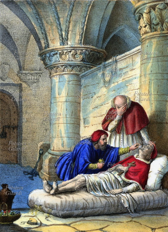 Pope JOHN I (470 – 18 May 526), born in Tuscany, elected 53rd Pope on 13 August 523. During his pontificate he crowned Emperor Justin I in Constantinople, during a diplomatic mission that was supposed to reconcile the king of Italy Theodoric, an Arian, with the Byzantine emperor, faithful to the Holy See and persecutor of the Arians, while Theodoric was tolerant of Catholics. Returning from the mission, which had not satisfied the Ostrogoth sovereign, he was imprisoned in Ravenna; already worn out by the journey, he tragically succumbed in a short time to the privations of prison: \