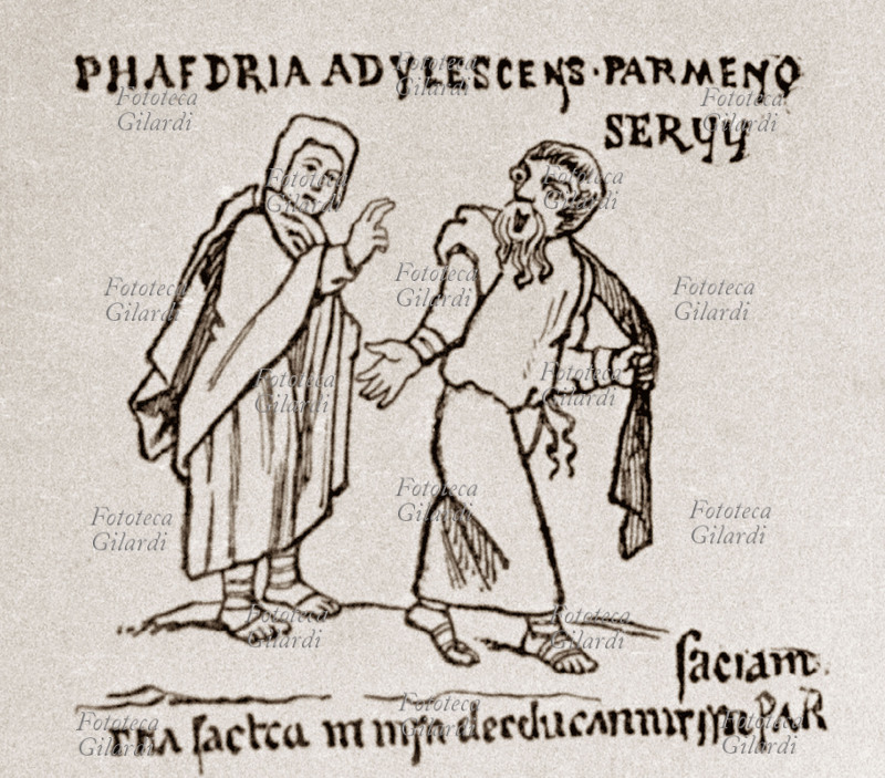 Publio TERENZIO AFRO (185-159 a.C.) commediografo latino, caricatura. Disegno rilevato a mano, da miniatura di codice del IX secolo conservato alla Biblioteca Vaticana, da trattato di storia della caricatura, Francia XIX secolo.