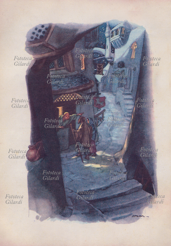 CENSIMENTO a Bethlemme - San Giuseppe e Maria cercano invano alloggio passando di locanda in locanda - illustrazione di Libico Maraja (1912-1983) pittore, disegnatore e illustratore, realizzato per antologia scolastica, Milano s.d.