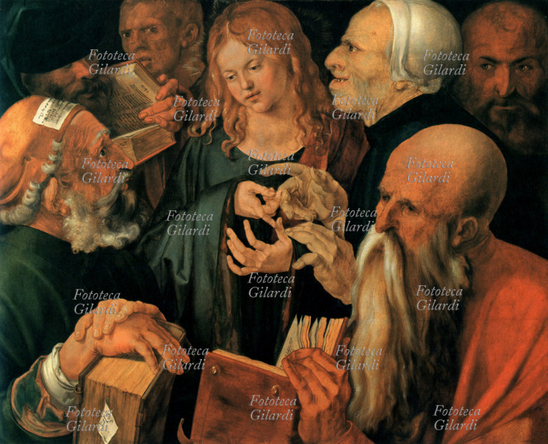 Albrecht DURER (21 maggio 1471 – 6 aprile 1528) Gesù fra i dottori nel Tempio di Gerusalemme, dipinto in Italia dal pittore e incisore tedesco. Olio su tavola, Venezia 1506.