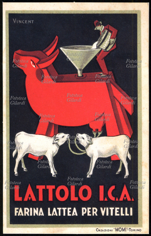 AGRICOLTURA, Allevamento. Pubblicità per il Lattolo I.C.A. Farina Lattea per Vitelli. Illustrazione di Vincent. Torino Italia, 1925 circa.