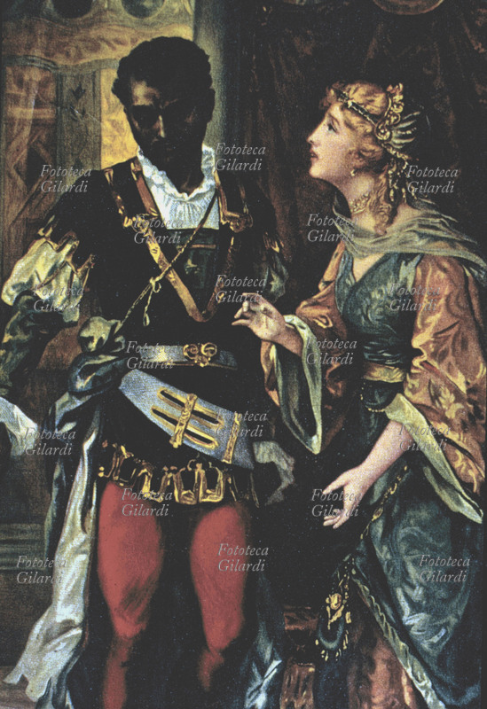 OTELLO Desdemona cerca inutilmente di difendersi dalle infamanti accuse del marito, accecato dalla gelosia alimentata dalle subdole calunnie di Iago. Dettaglio di stampa popolare ispirata al melodramma di Giuseppe Verdi (1887) tratto dalla tragedia shakespeariana (1603). Stampa della fine del XIX secolo